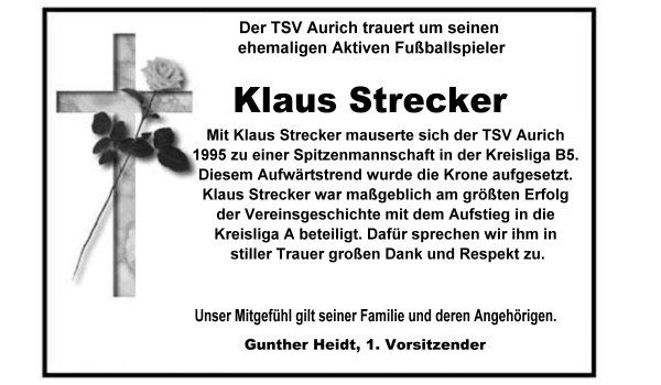 Der TSV Aurich trauert um Klaus Strecker